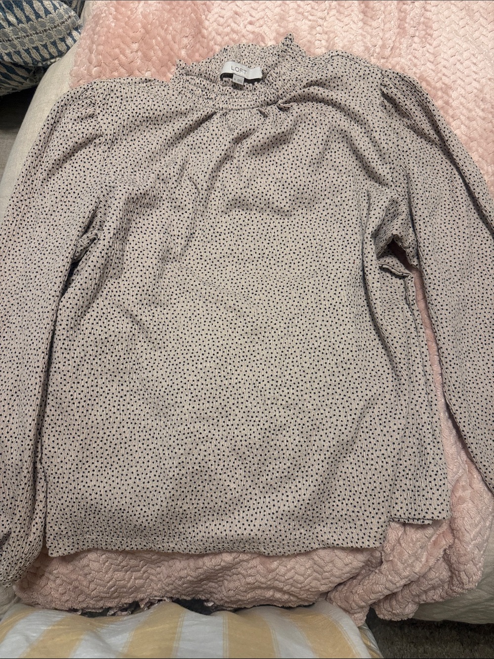 LOFT Cream Long-Sleeve Blouse with Black Dot Print